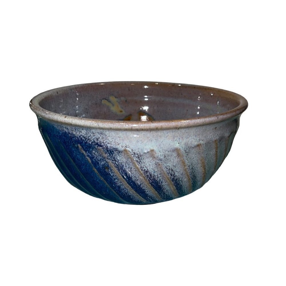Woodstock Pottery Vintage Ceramic Bowl Handmade Glazed Signed Ribbed Blue 90s